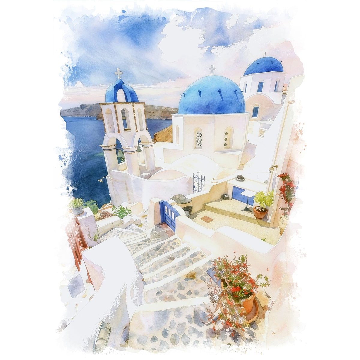 絵画 ギリシャ 風景画(街並み) サントリーニ島 インテリアアート額付き