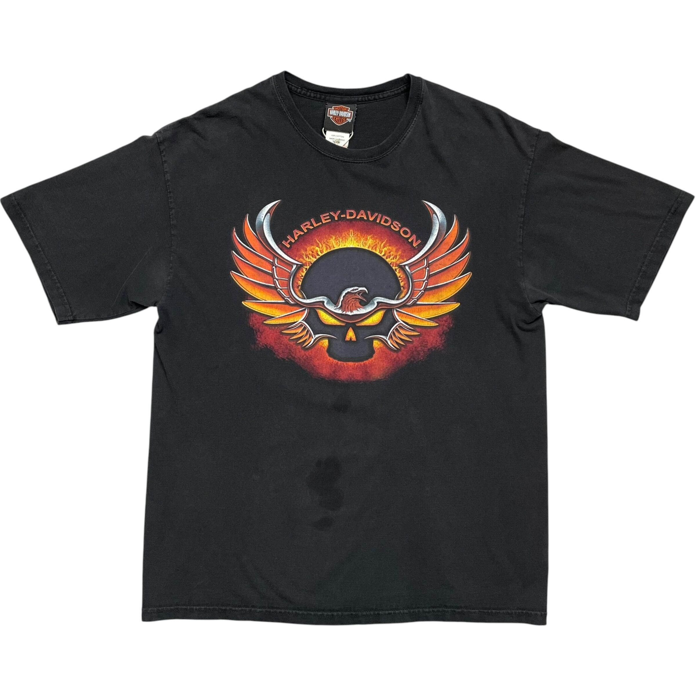 《L》 Harley-Davidson ハーレーダビッドソン Tシャツ ブラック プリントで デザイン フェード シミ有 no.10044