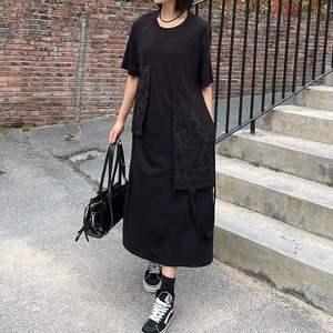 BLACK FLAP DESIGN ROUND NECK LONG T-SHIRT DRESS 1color M-16255