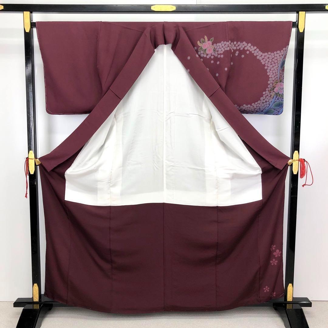 訪問着 美しい絞り染模様 花唐草模様 赤紫色 金彩 トールサイズ K-2937