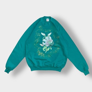 JERZEES 80s USA製 スウェットシャツ トレーナー カワイイ系 ラメ 花 ラグラン エメラルドグリーン SWEATSHIRTS XL ヴィンテージ US古着