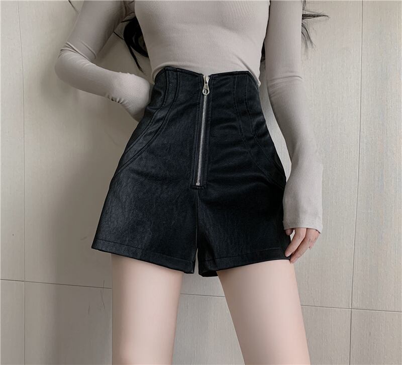 オータムスタイルハイウェストウェストジッパーレザーパンツ Aライン 秋物 ガールズファッション92177980248