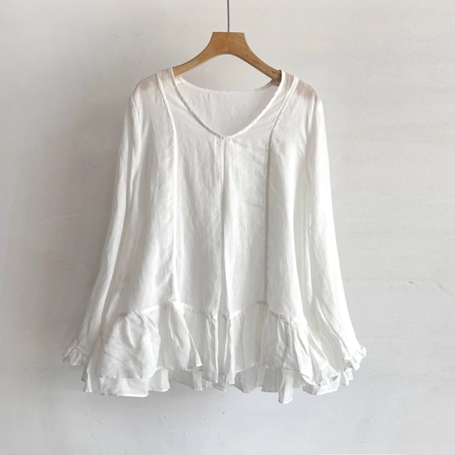 Vネックブラウス 裾デザイン　フリル　ナチュラル 4color  00247