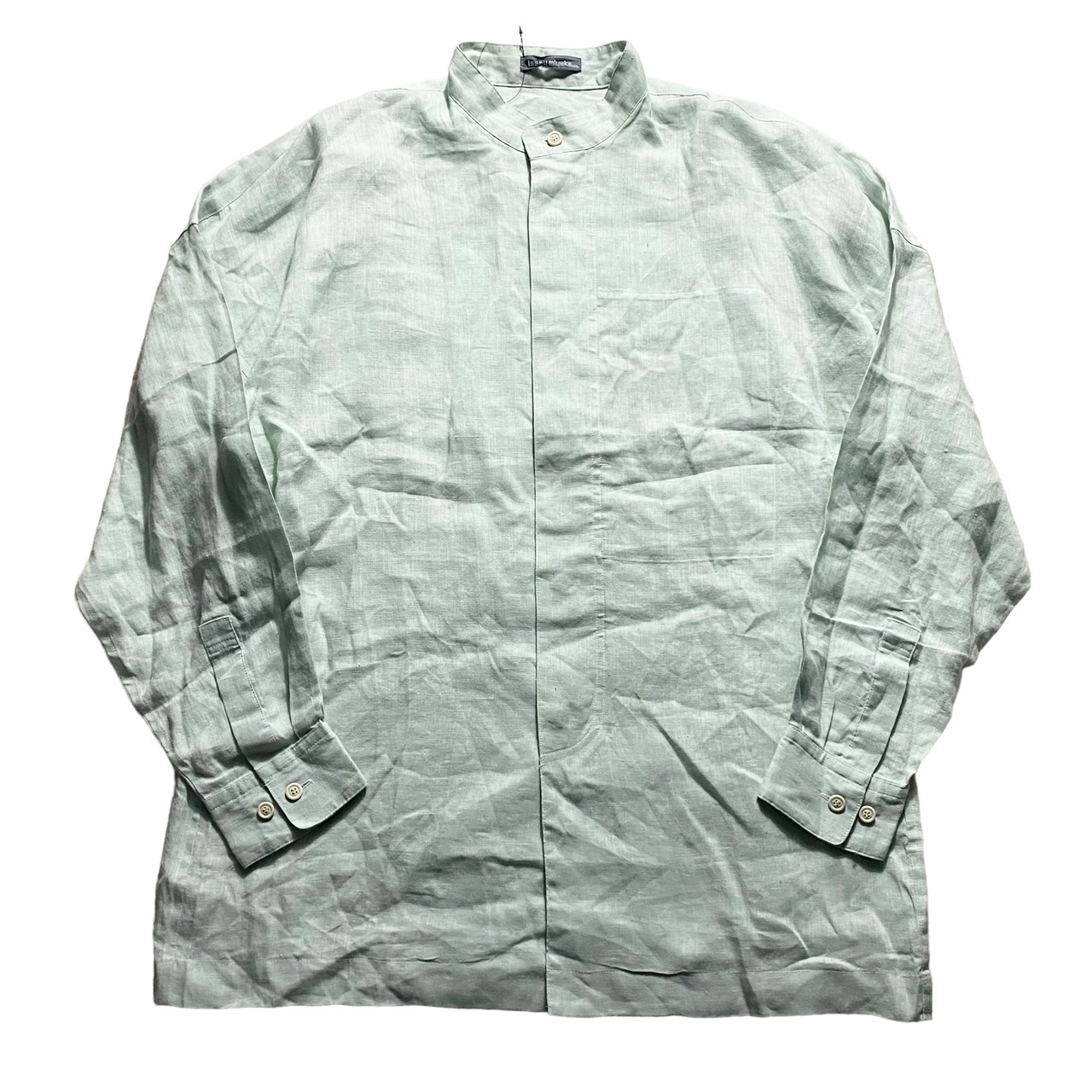 vintage ISSEY MIYAKE MEN pastel green color linen band collar shirt