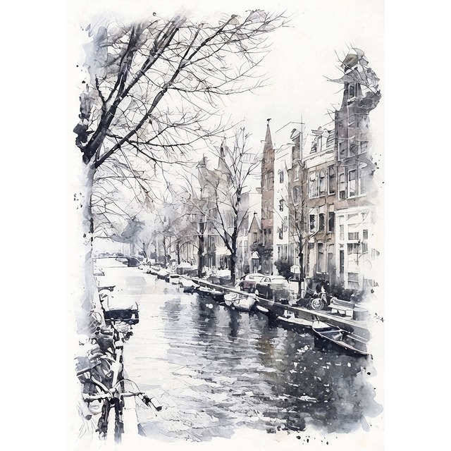 絵画 オランダ 風景画(街並み) 冬 雪が降る アムステルダム インテリアアート額付き 水彩画・油絵調 WAT0447