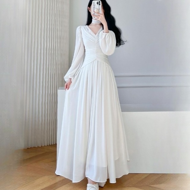 ワンピース レディース ドレス 送料無料 長袖 Vネック スリット チョーカー ロング シャーリング ギャザー レース フレアワンピース バルーンスリーブ シフォン 透け感 ウエストマーク エレガント 大人可愛い きれいめ 華やか 上品 レトロ クラシック ガーリー モード系 ホワイト ウエストマーク リボン オケージョン 体型カバー 高見え パーティー オケージョン XS S M L