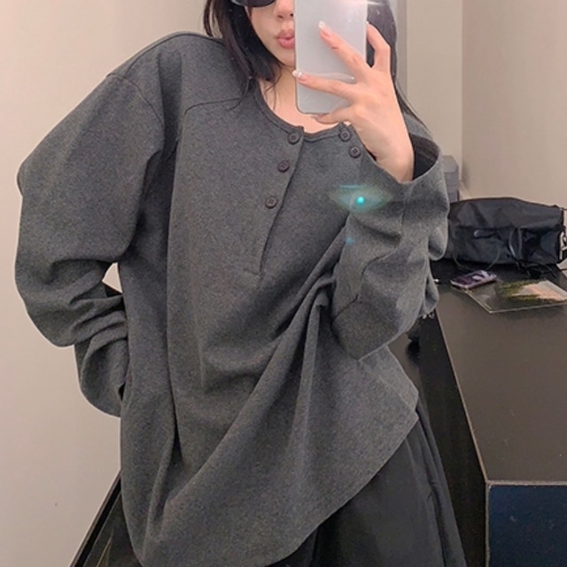 asymmetrical design Henley neck long tee　アシメデザインヘンリーネックロングティー　J1559