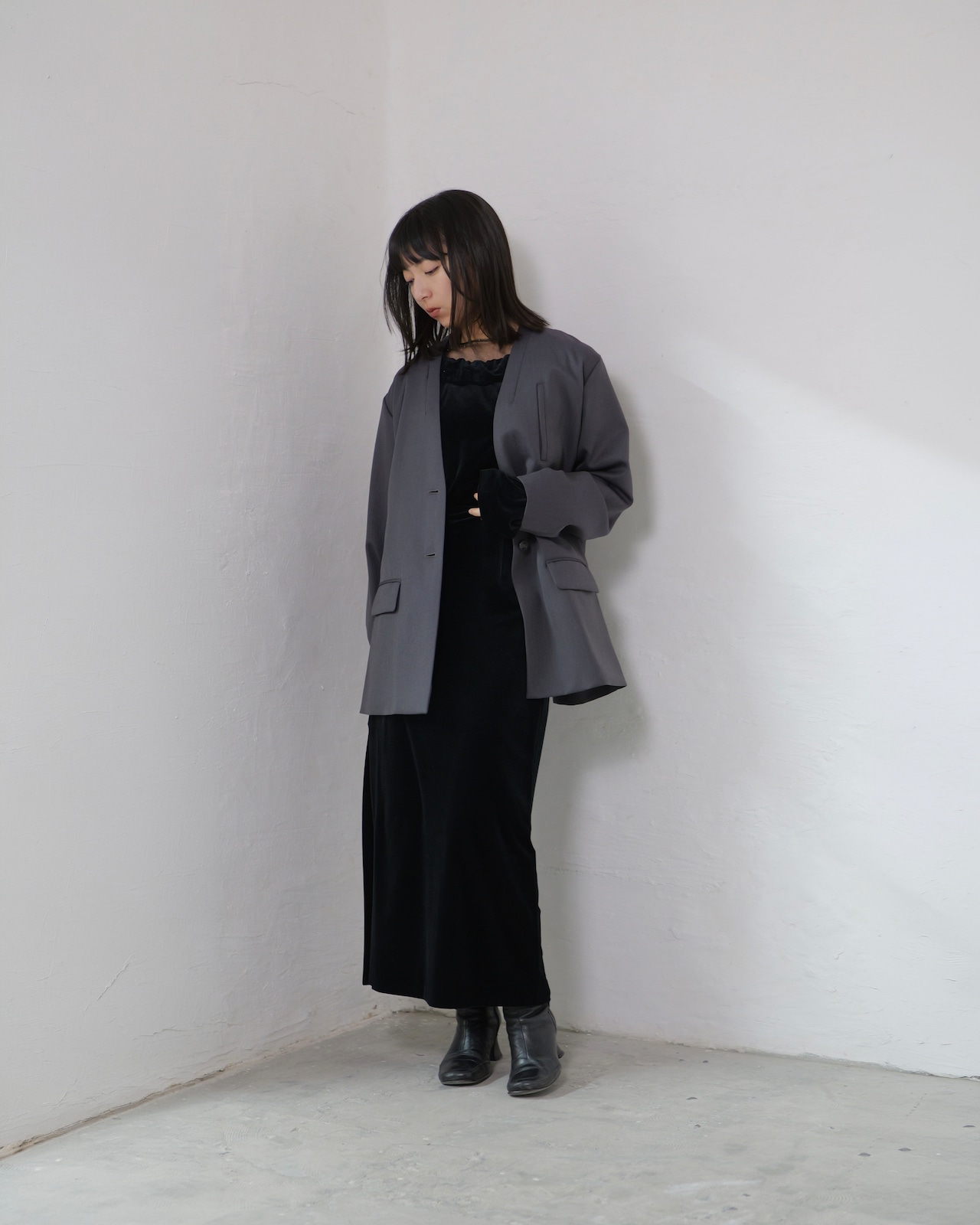 RITSUKO KARITA - Wool No-collar Jacket :Gray|岐阜ウール/玉虫調(紫×グレー)/深ベンツ