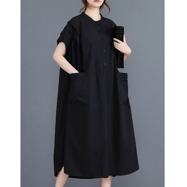 SOLID STAND COLLAR HALF SLEEVES MIDI SHIRT DRESS 2colors M-13543