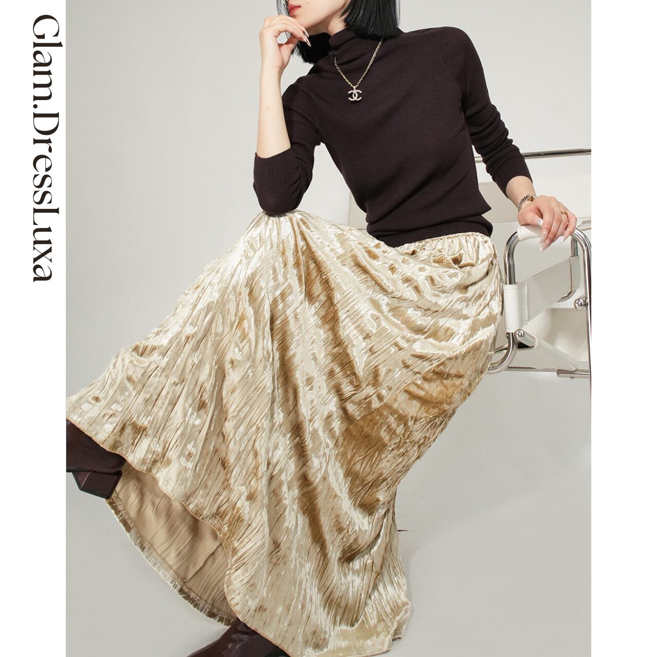 ベロア ランダムプリーツ スカート/2color_S165