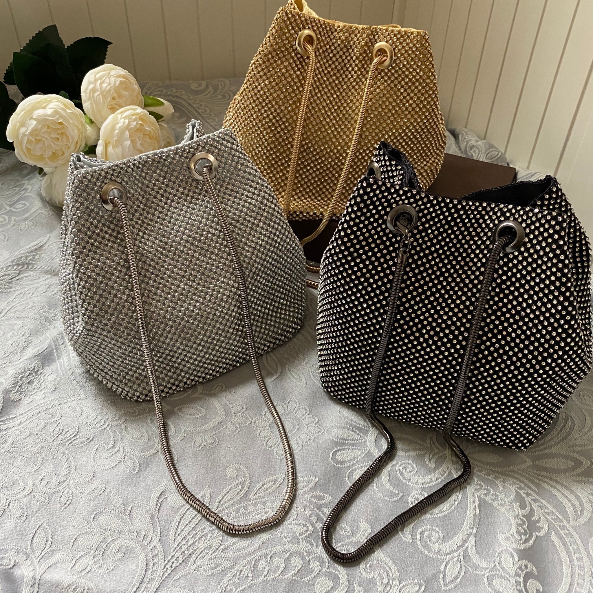 ラインストーン メタルメッシュ ドロストバッグ 3colors | Faboutique