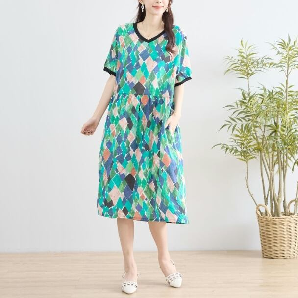 ワンピース Vネック コットン N82-124 TRUBE L LL フリー 大人可愛い ミセス fmsd キレイメ 普段着 おしゃれ着 デイリーファッション 大人スタイル 婦人服 可愛い服 30代 40代 50代 60代 洋服 レディース