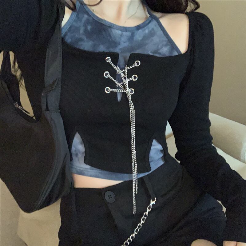 Tシャツ ショートトップス スプリングオータム ロング 春物 秋物 オフショルダー ブラックストロベリース66541796359