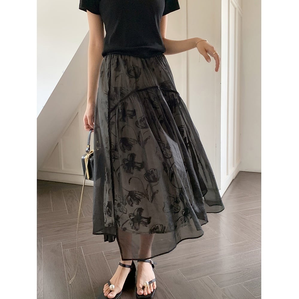 see-through flower print retro skirt