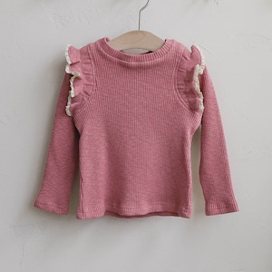 秋レースフリルリブTシャツ