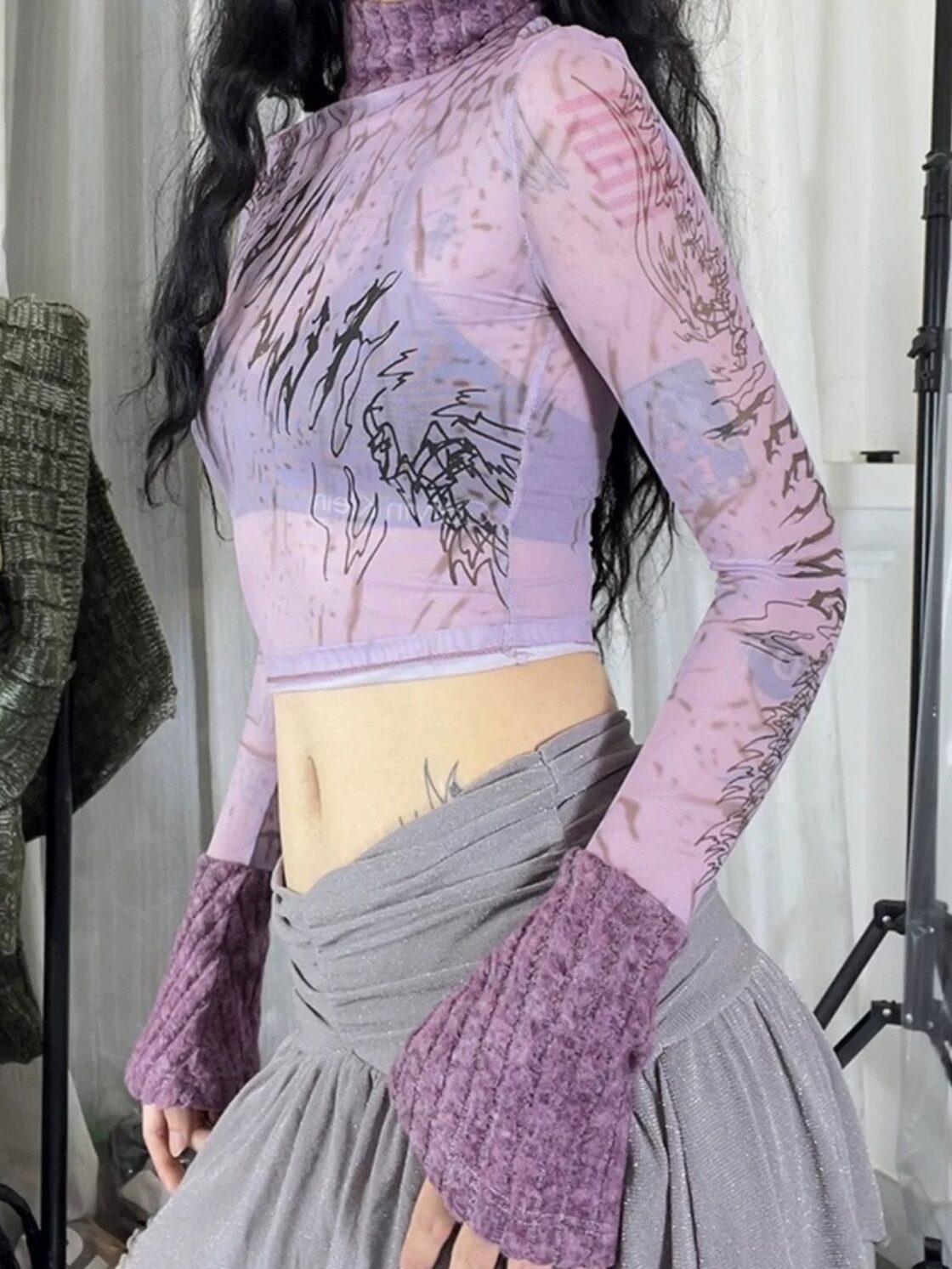 紫 トップス ハイネック 黒 あみあみ ブラウス Tシャツ ダンス クラブ 