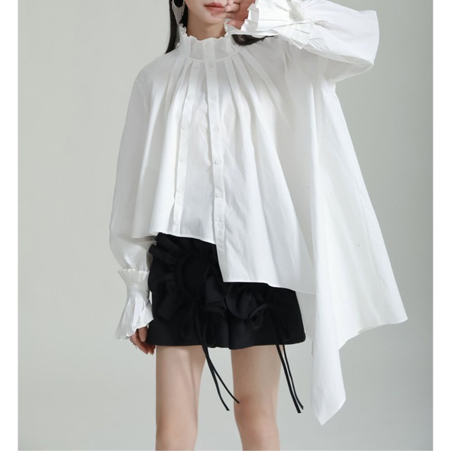 Pleated stand-up collar shirt C0387