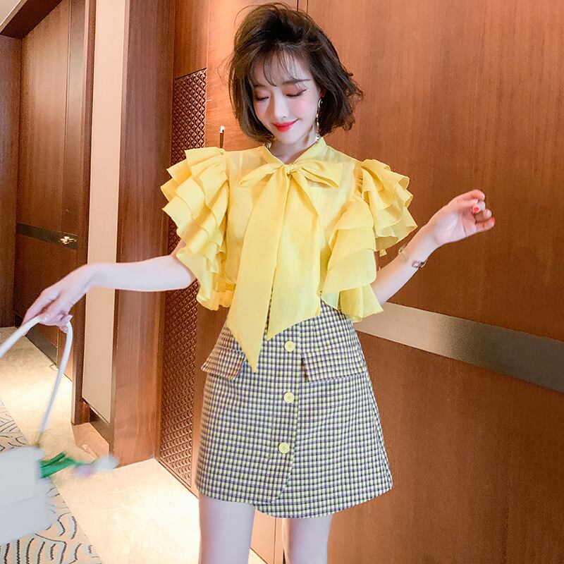 リボンカラーブラウス ハイウェストウェストAラインスカート スプリング 春物 サマー 夏物 MIUCO31203098294