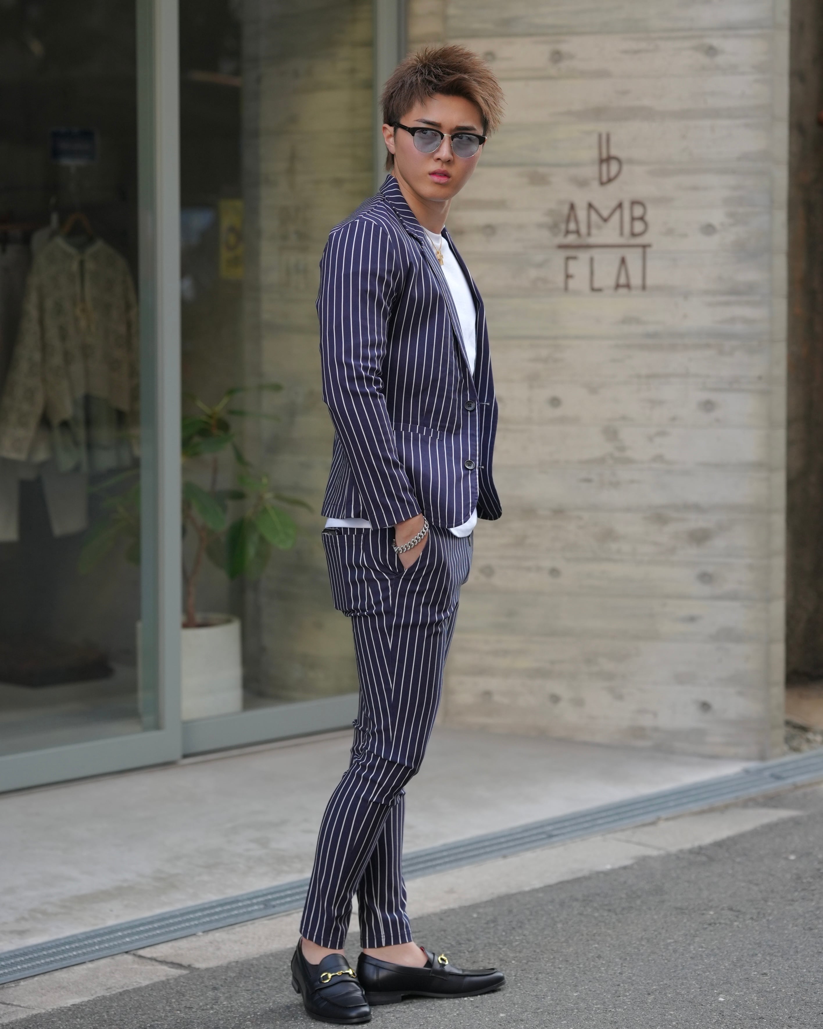 LUXURY STRIPE PANTS NAVY【BEL25-001B】 | BELINDA OFFICIAL