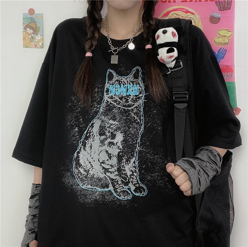 スタイルダークプリントTシャツ レディースカジュアルサマーロングルーズトップス ストリート 夏物 ケッペル22524478907