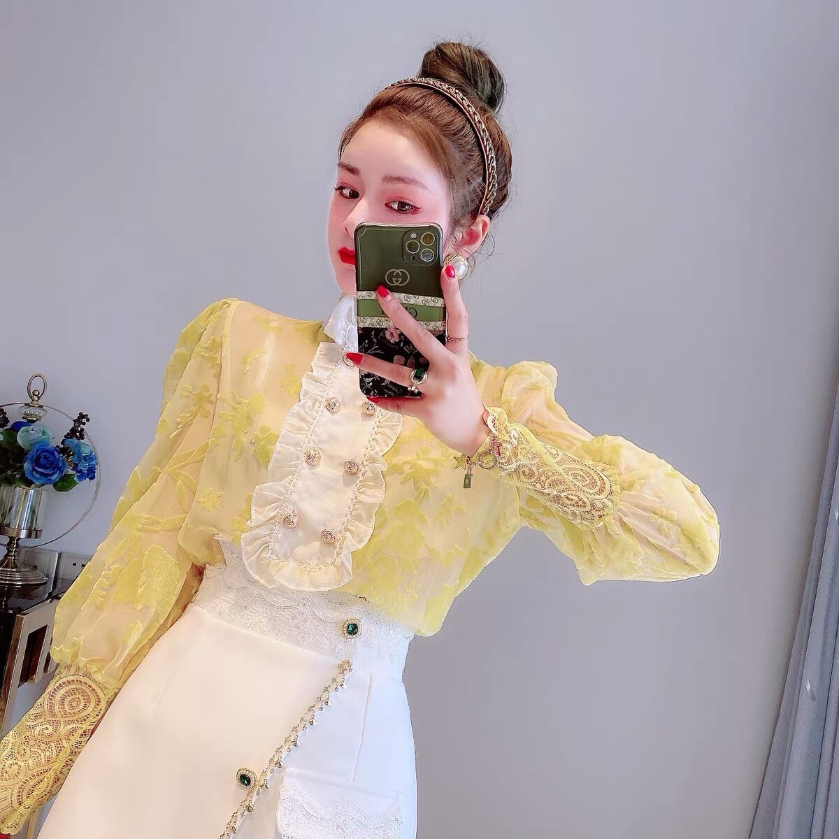 フランシュリッペ レース刺繍 長袖ブラウス 黒 ネコとケーキ 森ガール