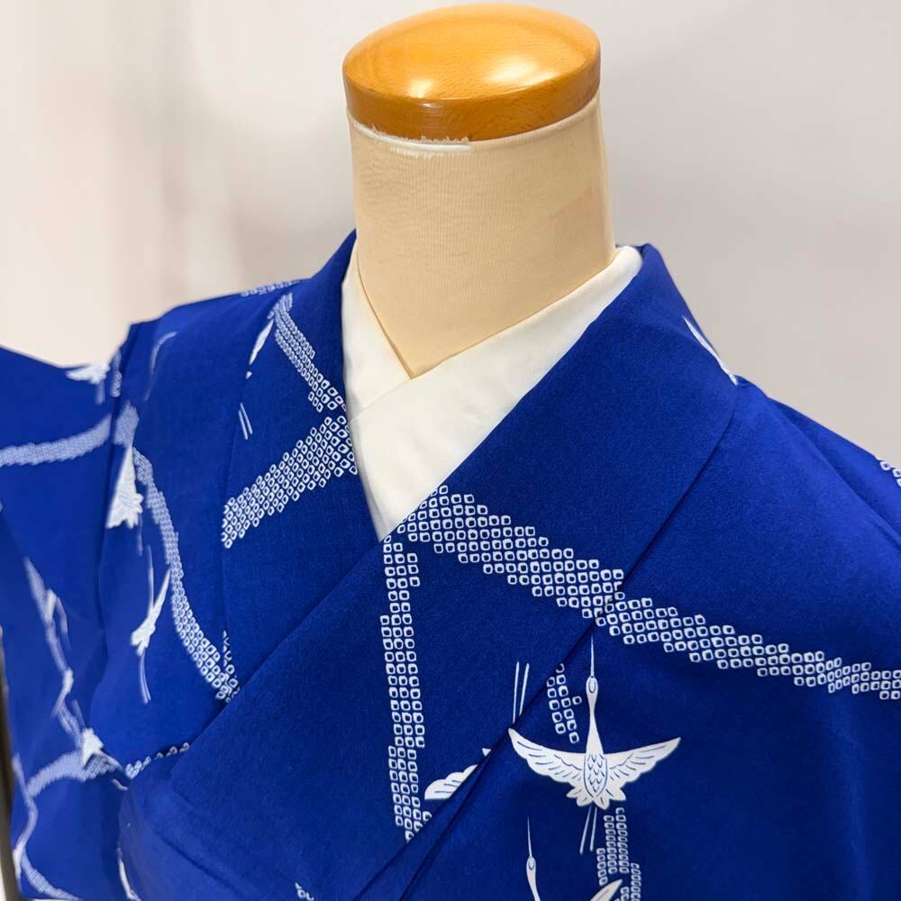 小紋 単衣 洗える着物 裄64.2cm 身丈162.5cm 青 花柄 お洒落着 普段着 ポリエステル 美品 M サイズ 5264