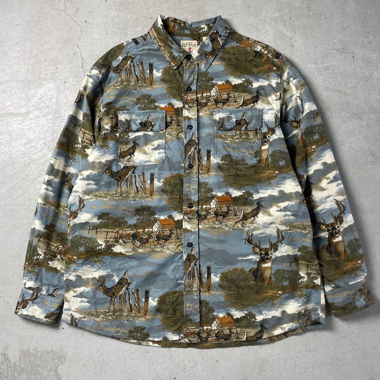 REDHEAD シカ 鹿 アニマル柄 コットン 長袖 総柄シャツ メンズXL 古着  
