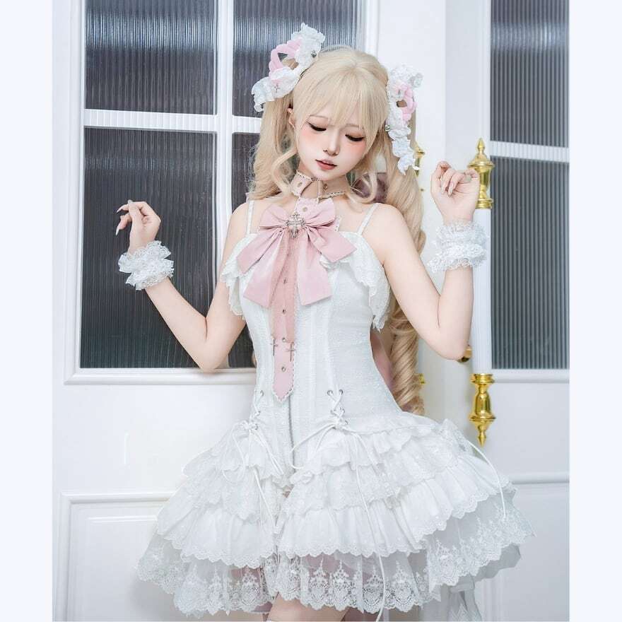 ロリータファッション 白薔薇リボンレースフリルOPセット | ロリィタ