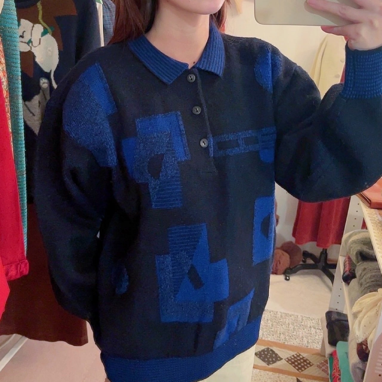 90s blue geometric knit sweater