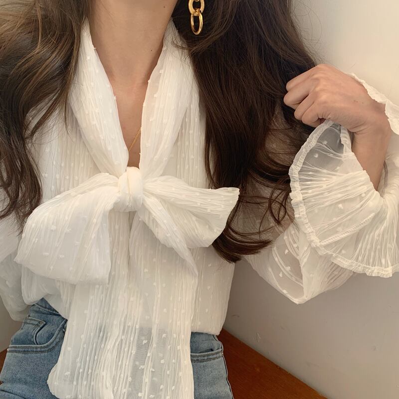 シャツ スリーブスプリングプルオーバー トップス レディース リボン 春物 ビッグFスモールZ韓国8103254896