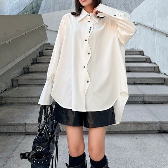 SOLID WAVY BUTTON LINE LONG SLEEVES DESIGN SHIRT 2colors M-15522