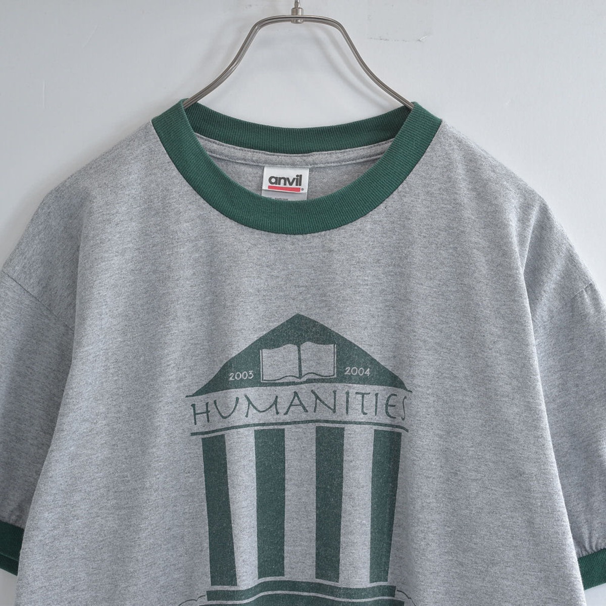 00s アメリカ製 anvil HUMANITIES デザイン プリント リンガーTシャツ 