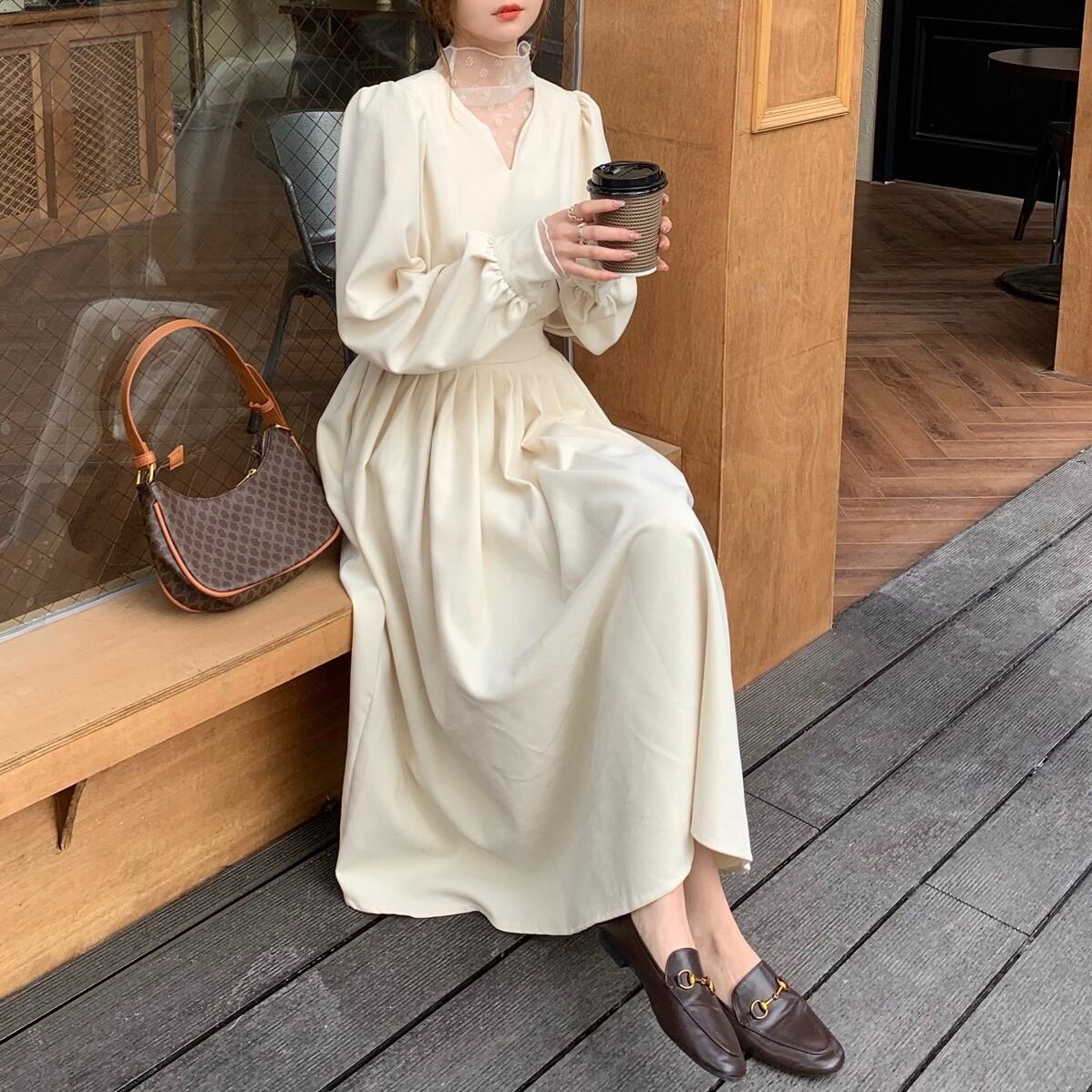 Vネックワンピース 花柄シースルーインナー 2点セット 103 Lecchy