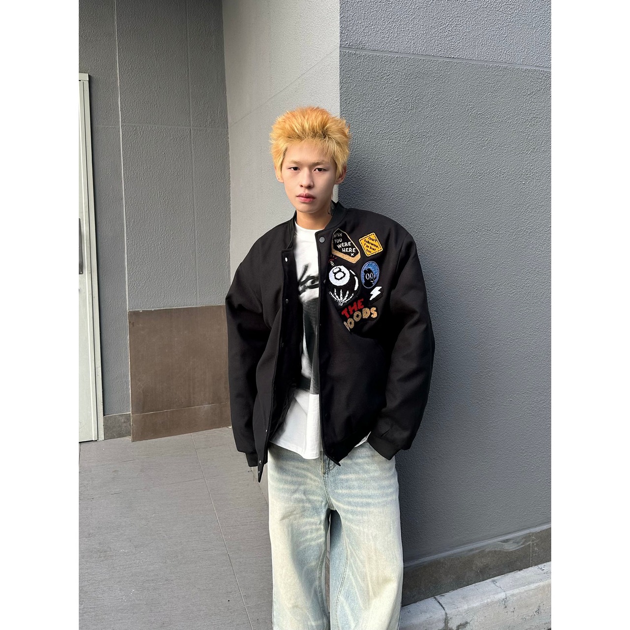 【暖かさUP】ブラック8刺繍 中綿スタジャン T1398