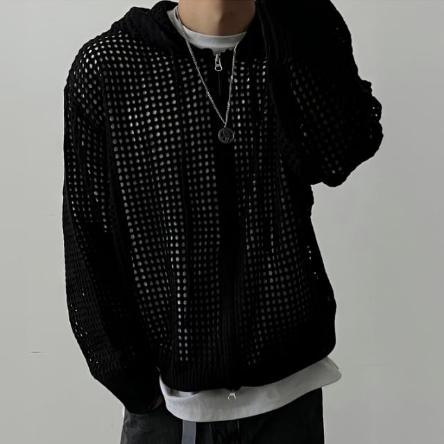 【予約販売】カーディガン ニット セーター パーカー フーディ 無地 ジップアップ メンズ アイボリー ブラック こなれ感 ストリート お洒落 韓国 トレンド 秋冬 M/L/XL