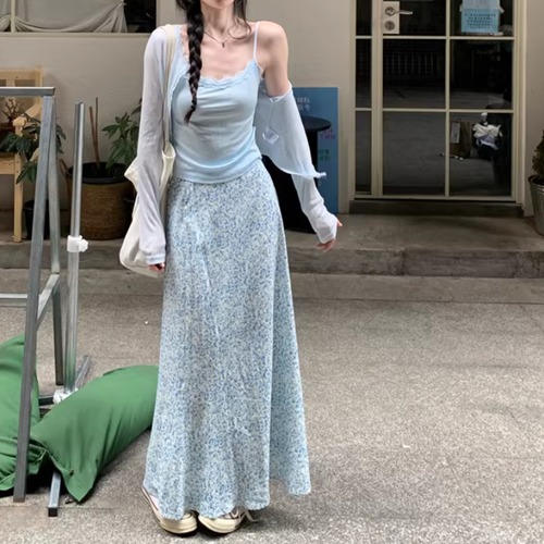 【3点セット】ショートカーデ＋レースネックキャミ＋マキシフラワースカート ・76037