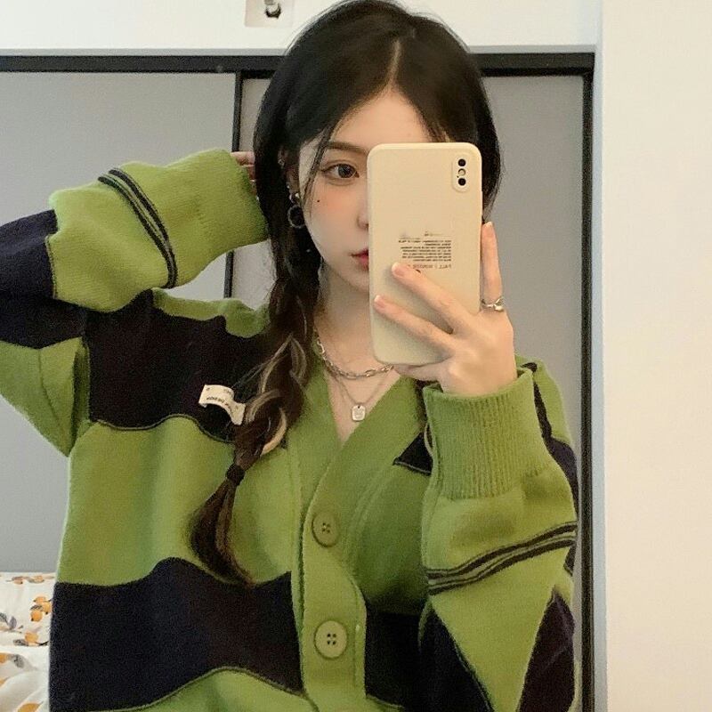 ストライプセーター コート スプリングオータムスタンダードルーズVネックニットカーディガン レトロ 春物 秋物 試着室61486098481