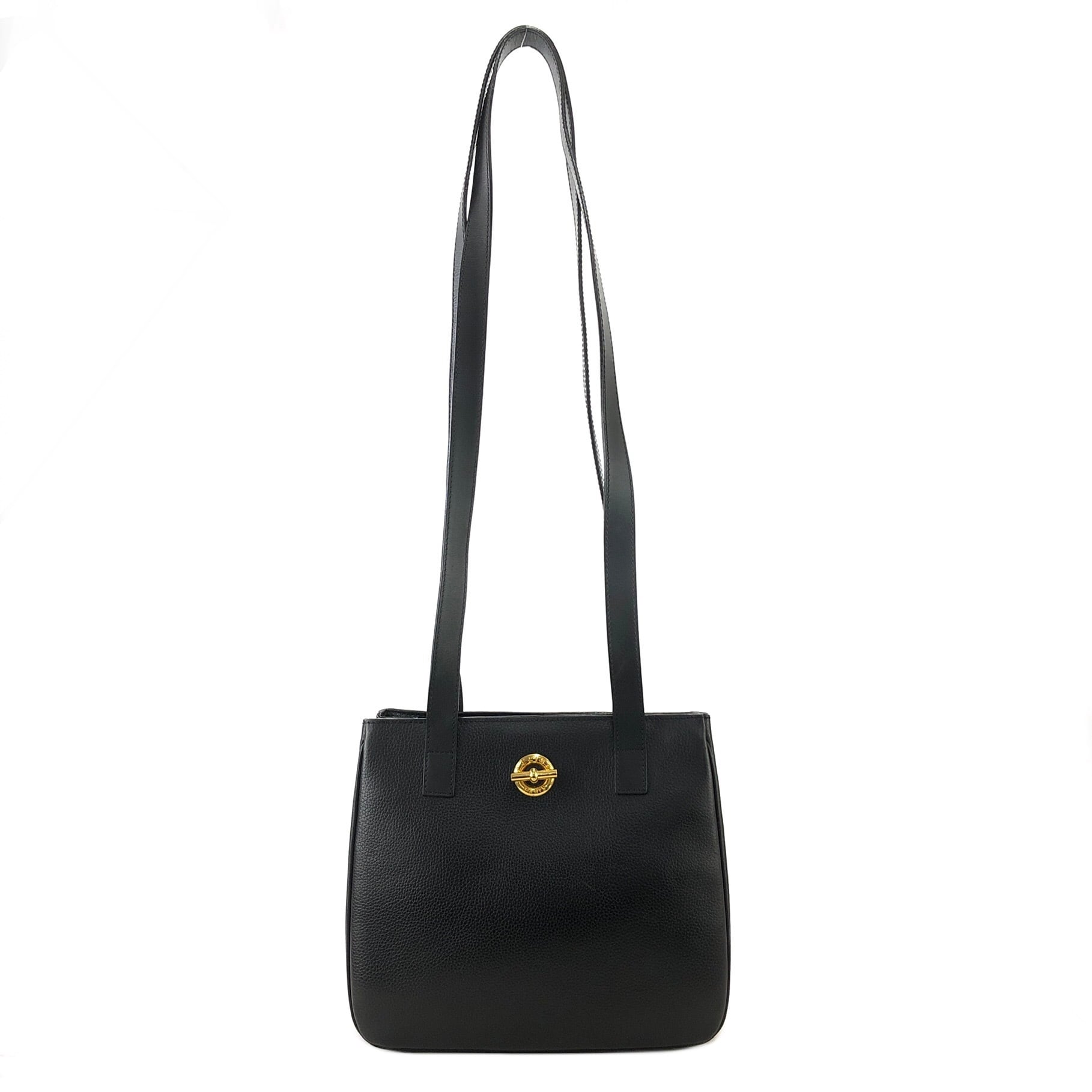 CELINE　トートバック　黒　マンテル　オールレザー　シボ革　肩掛け　ゴールド CELINE セリーヌ マンテル エンボスレザー トートバッグ ショルダー
