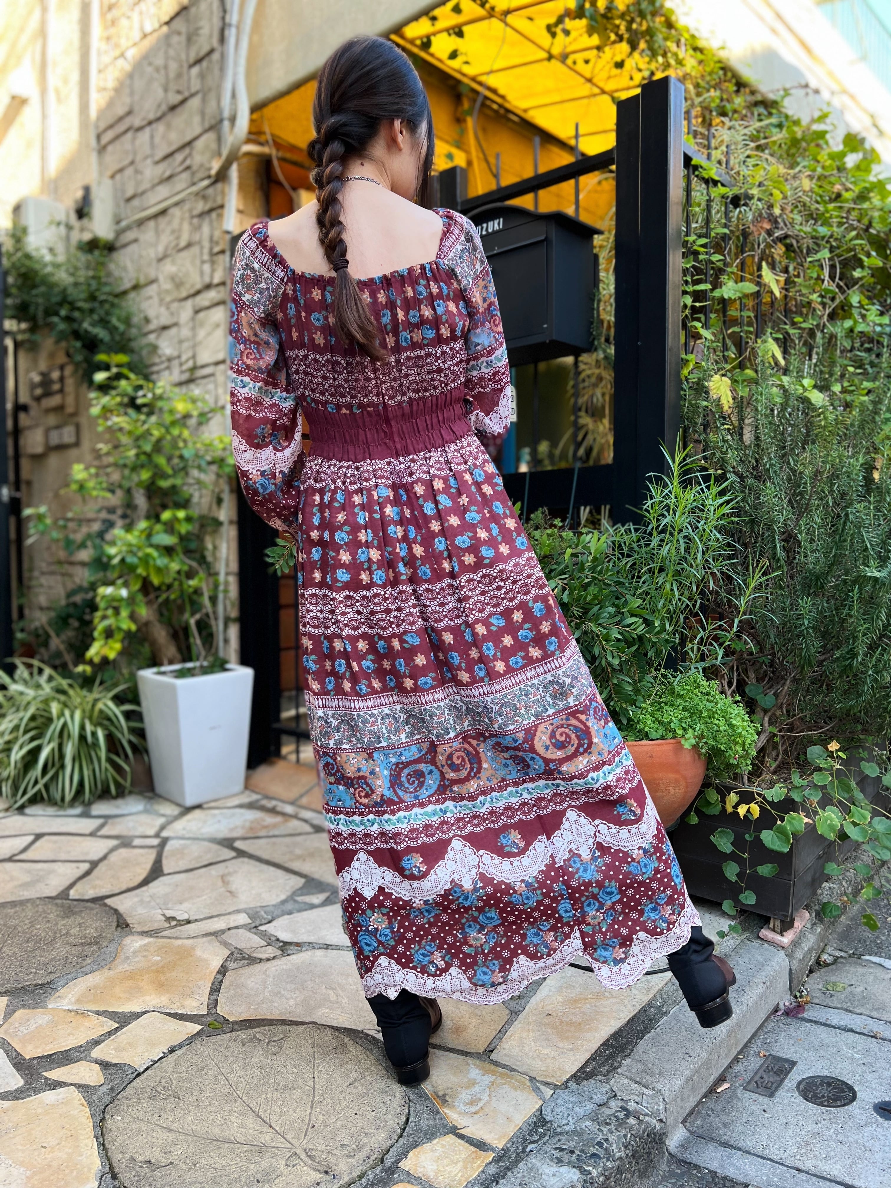 古着 アンティーク ビンテージ 70s 赤 花柄 レースワンピース ドレス 美品