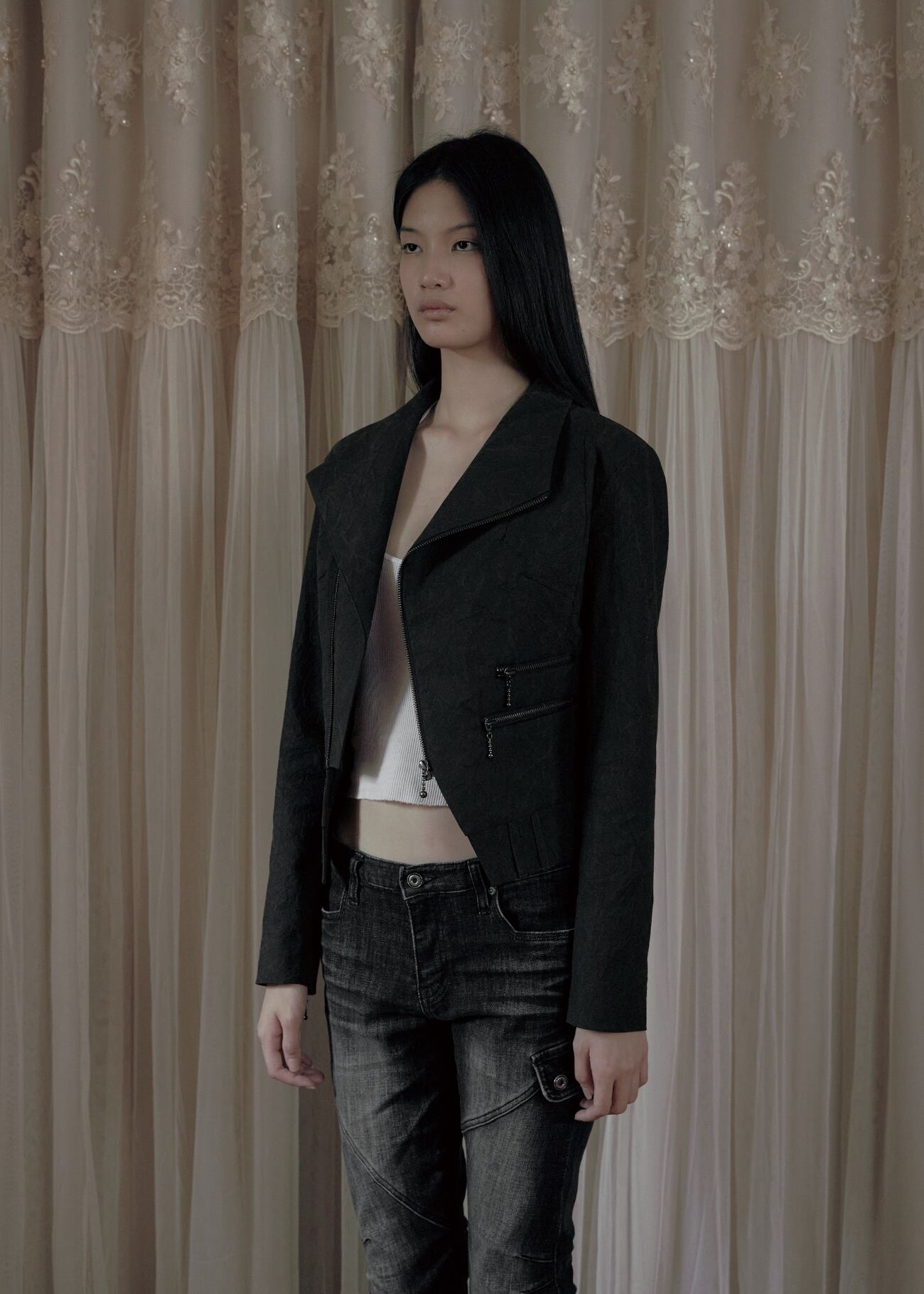 BOHEMIAN SEOUL] CREASED DIAGONAL ZIP JACKET, KHAKI BROWN 正規品