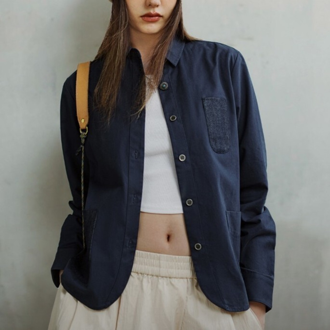 Navy Pocket Patchwork Shirt / ネイビー ポケット パッチワーク シャツ