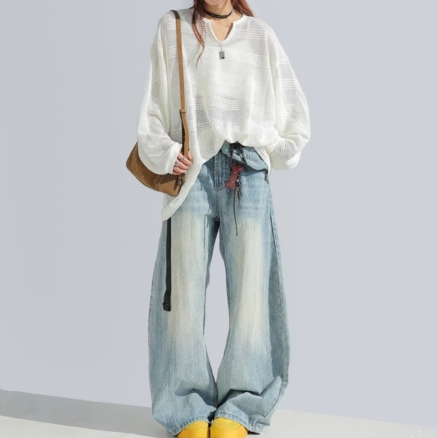 ボーダーメッシュルーズフィットキーネックニット 4col   R01859