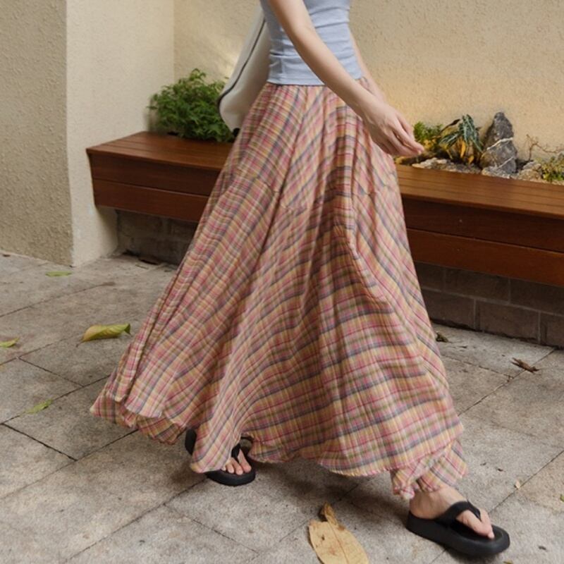 high waist check long skirt