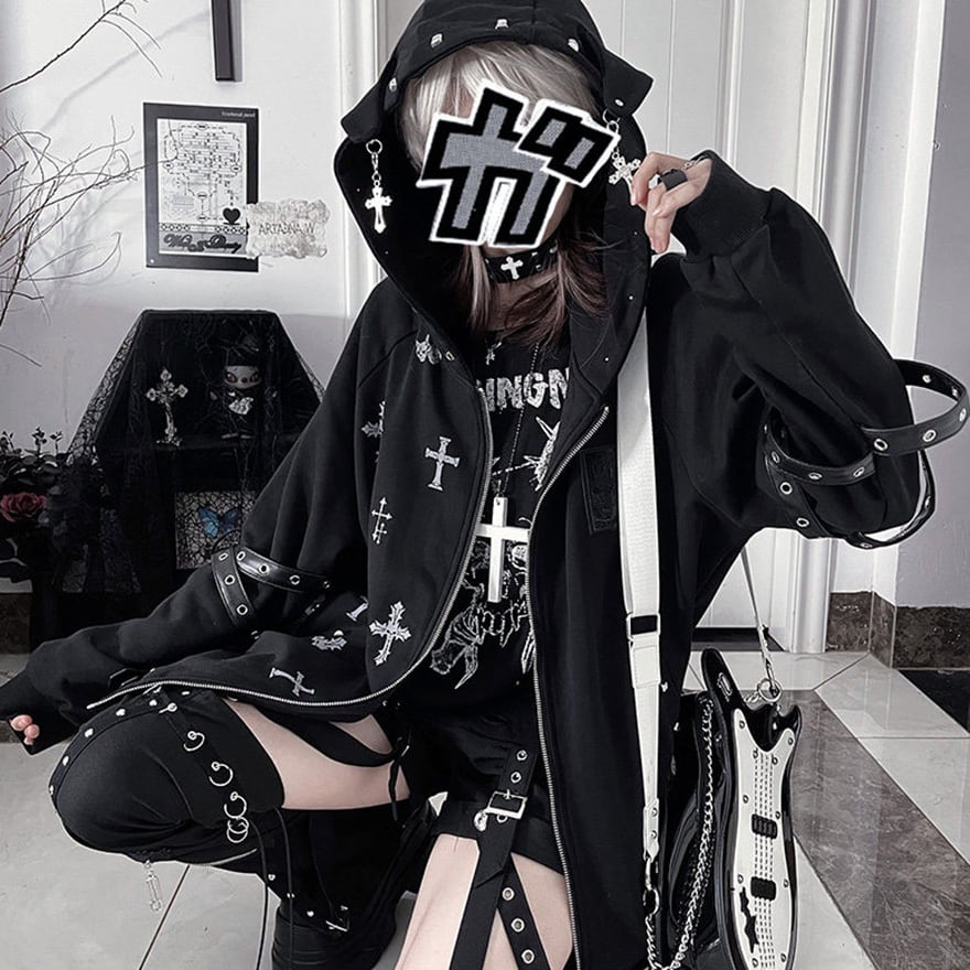 SALE☠️ KRYclothing NANAMEUE 10オンス パーカー 地雷 地雷系 ジップパーカー 十字架プリント ベルトデザイン グレー ライブ