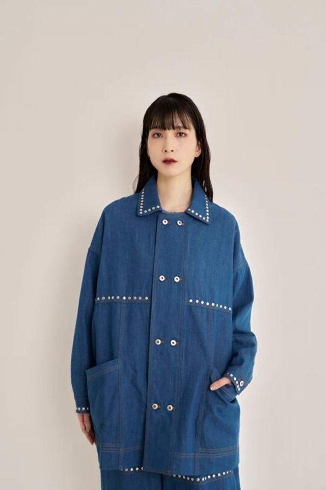 【Nora Lily】Studs Denim Switching Coverall Jacket(UNISEX)-インディゴ