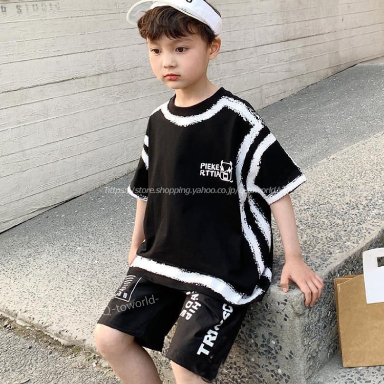 韓国子供服　セットアップ　半袖　ハーフパンツ　黒　ブラック　140
