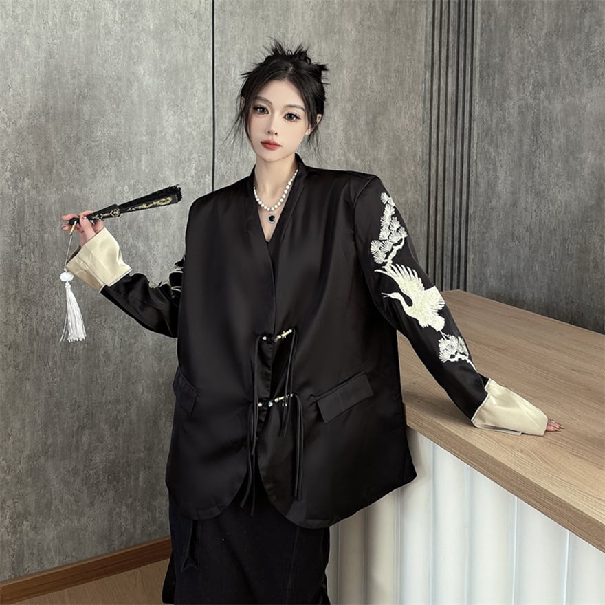 チャイナ風ジャケット カーディガン アウター 鶴 闇かわいい バンギャ