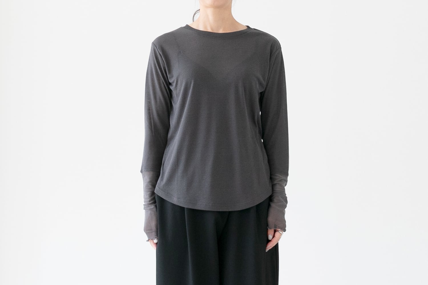 テレコ+シアーメッシュ - 袖シアー切替クルーネック