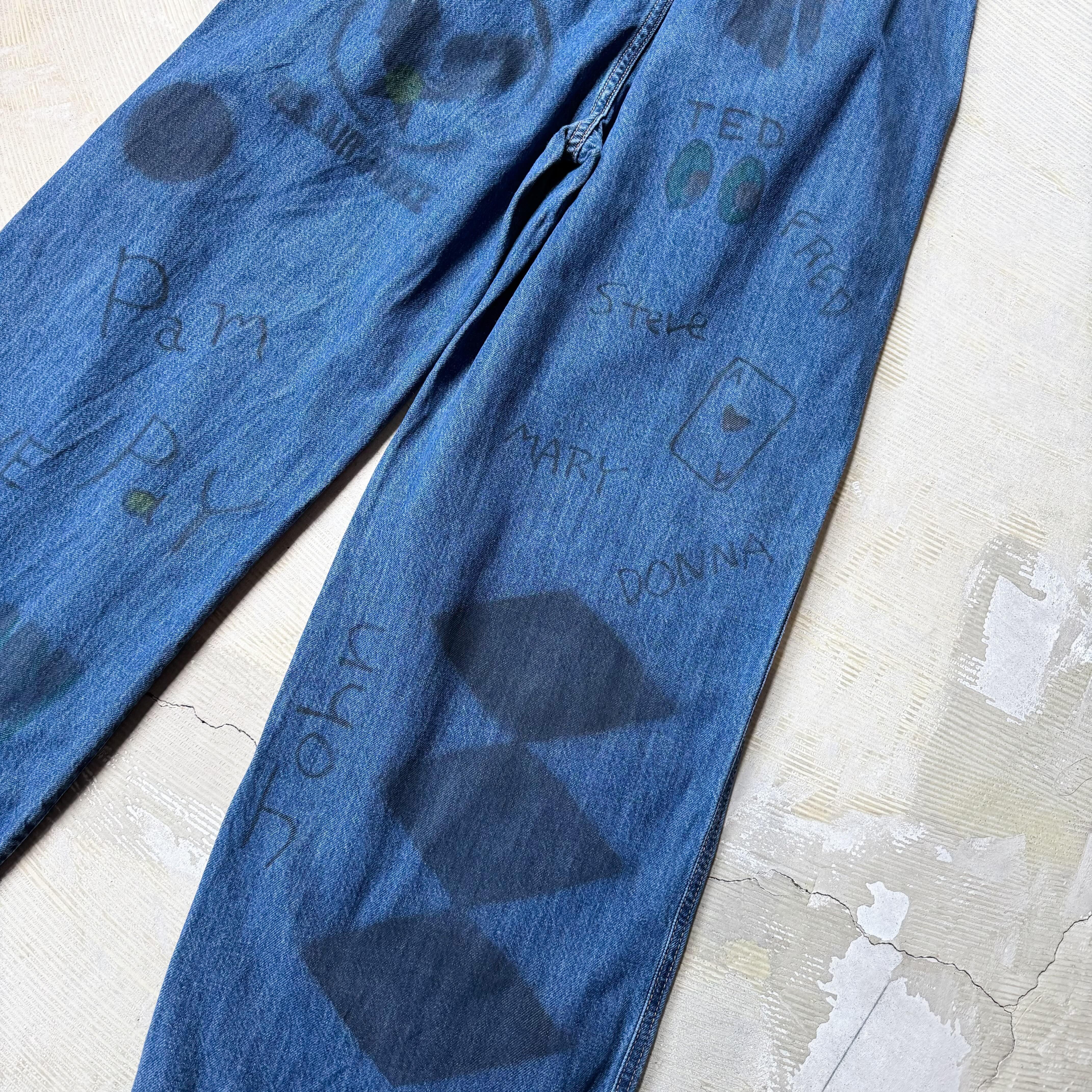 HAND PAINTED STENCIL MEMORIAL ART WIDE DENIM PANTS / ハンド