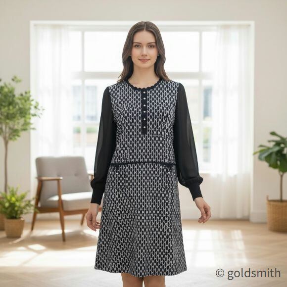 スーパービューティー ワンピース ジャガード編 袖パワーネット ニット 2521007 ブラック 2025年秋冬 オーラボー Super Beauty 大人かわいい服 大人スタイル キレイメ レディース アパレル 女性 M L LL 30代 40代 50代 60代